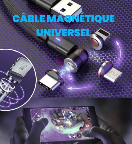 Cable universel magnétique rotatif 540° et 2m de long, Charge rapide