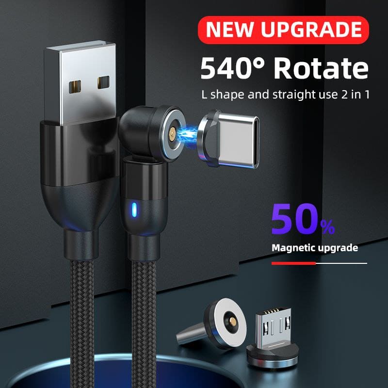 Cable universel magnétique rotatif 540° et 2m de long, Charge rapide